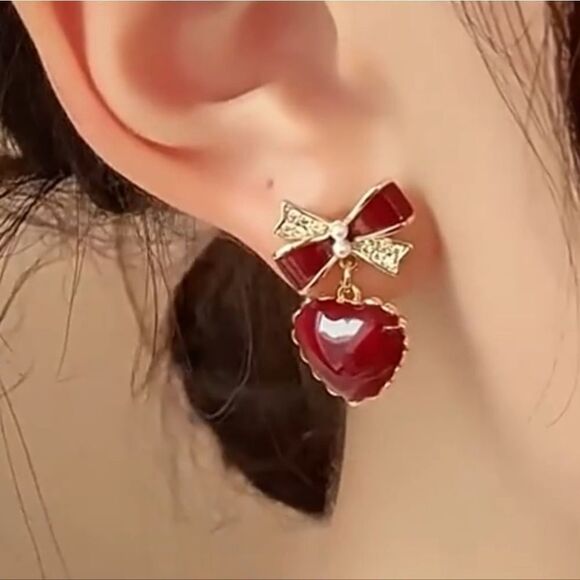 💲6️⃣ Bundled ✔️Bauble Heart-Shaped Dangle Red Gold Heart Earrings - Picture 7 of 10